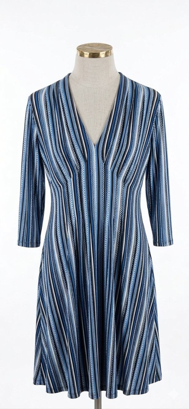 Catherine Malandrino M Blue Chain Stripe V-Neck 3/4 Sleeve Dress
